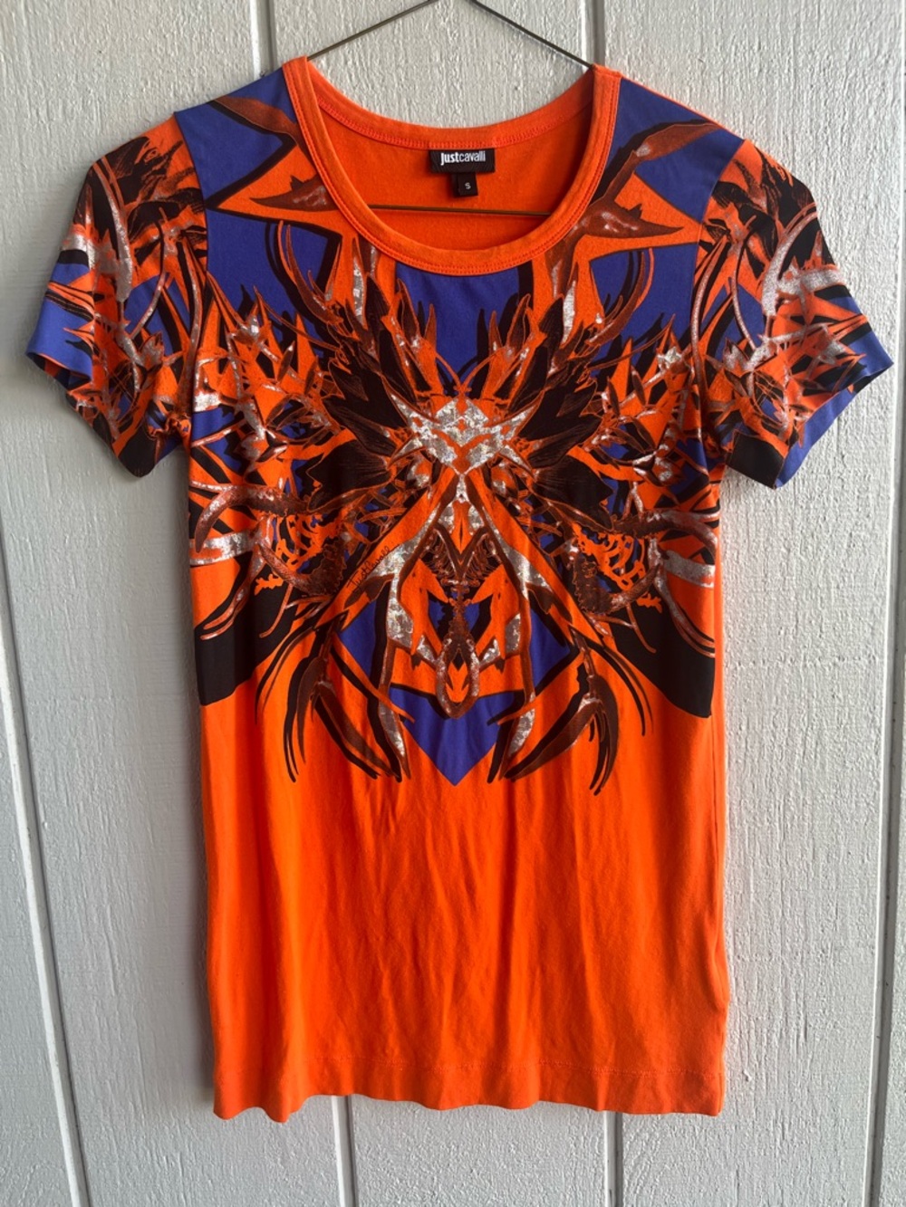 Vintage Just Cavalli Graphic Tee Shirt Orange with Metallic Print Size S